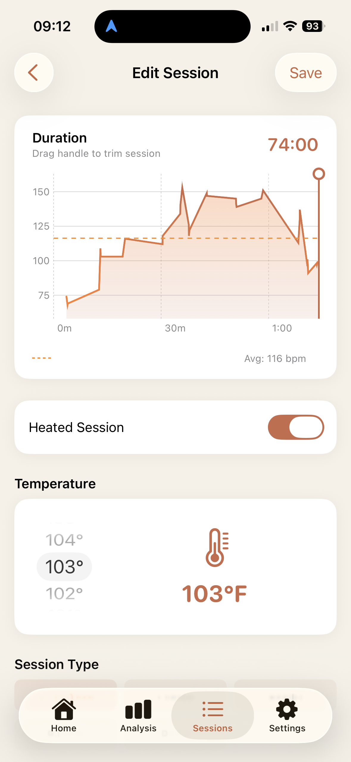 HeatLab edit session screen for adding temperature and tags
